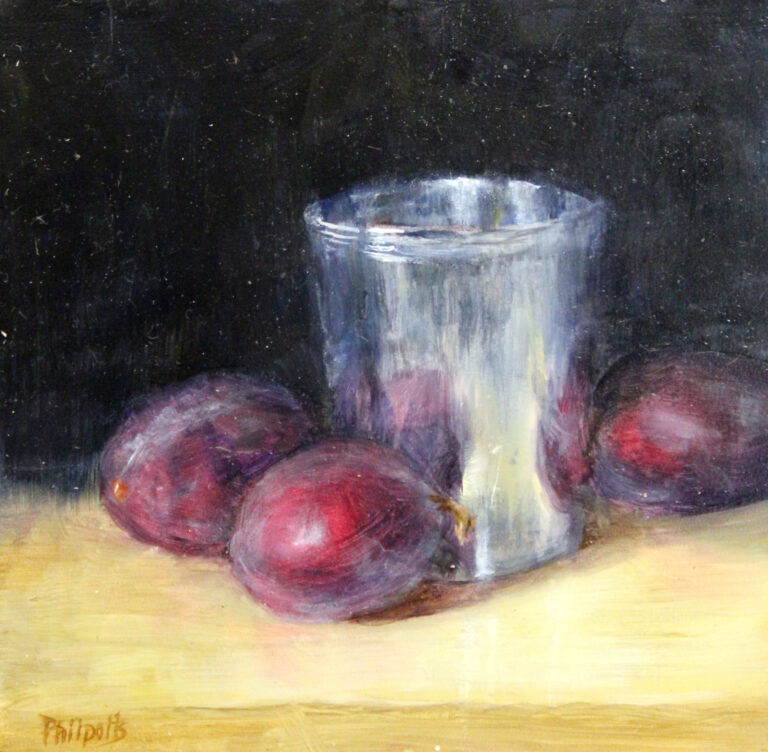 Liane Philpotts, Still Life with 3 Figs and Cup, oil, 6x6