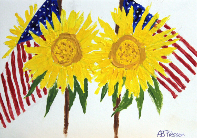 Anne B Pierson, Sunflowers with US Flags, oil, 5x7