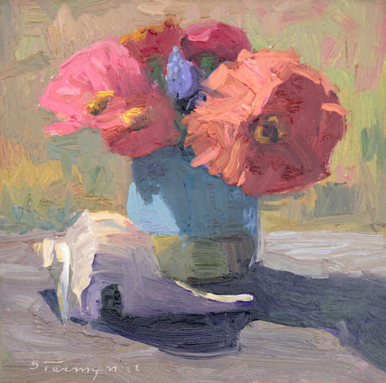 Susan Termyn, "Channeled Whelk and Mixed Bouquet", oil