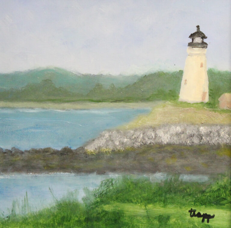 Patricia Ann Trapp, Lighthouse by the Water, oil, 6x6