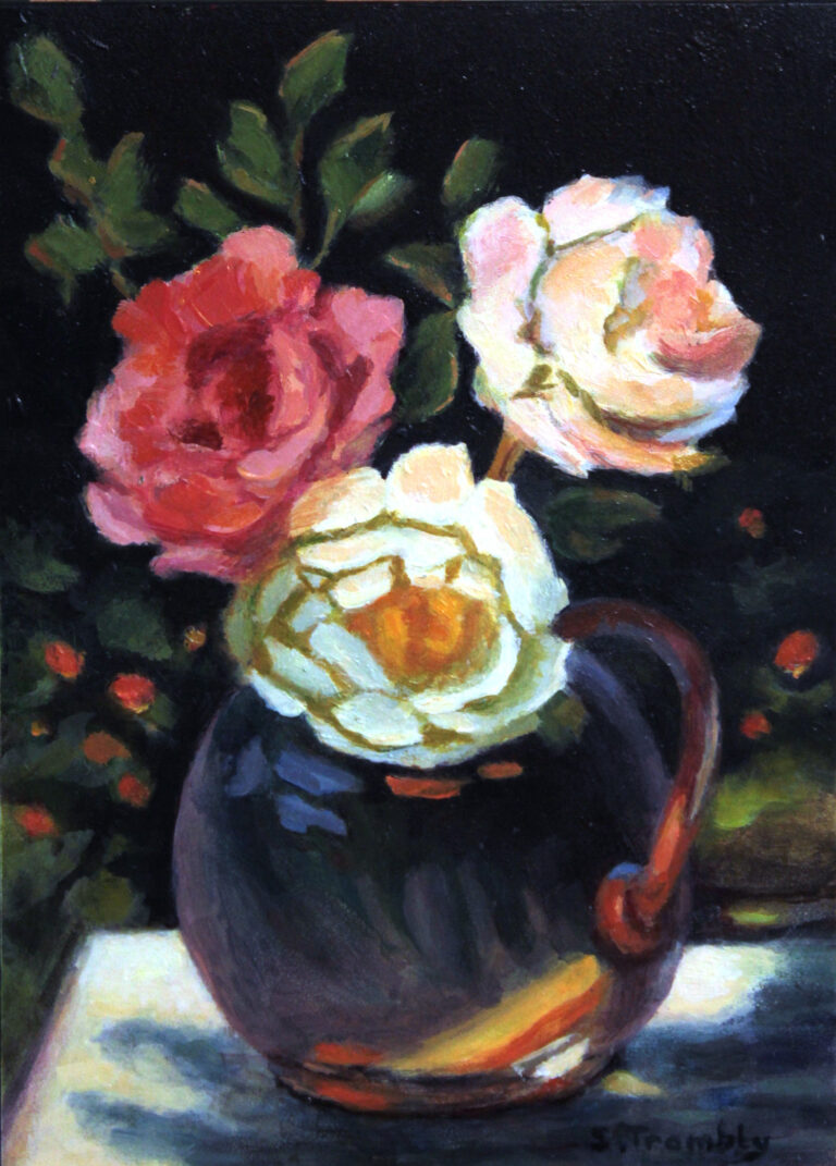 Susan Trombly, Pink and White Roses in Round Vase, oil, 5x7