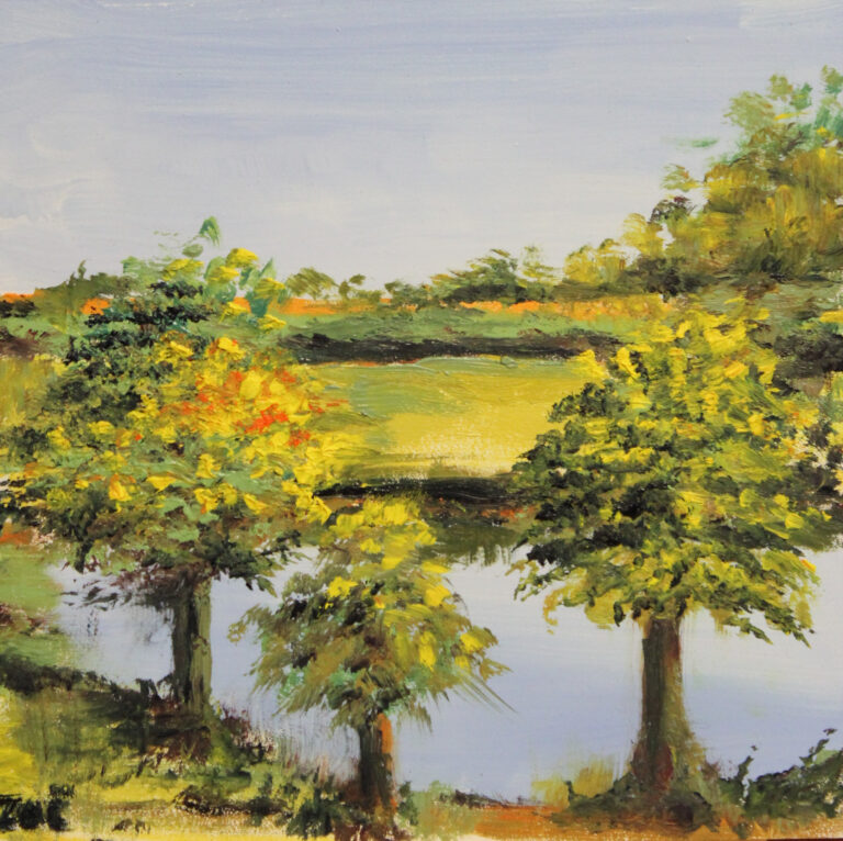 Vivian Zoe, Early Fall Yellow and Green Trees by the Pond, oil, 6x6