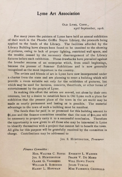 Fundraising letter for the Lyme Art Association from 1916