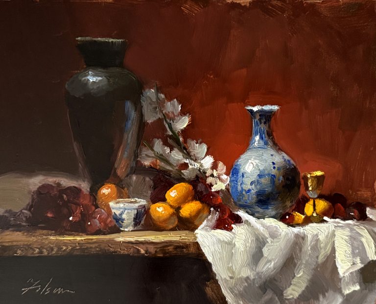 Kelli Folsom, Golden Hour with Blue Porcelain and Fruit, Oil, 8 x 10, $897