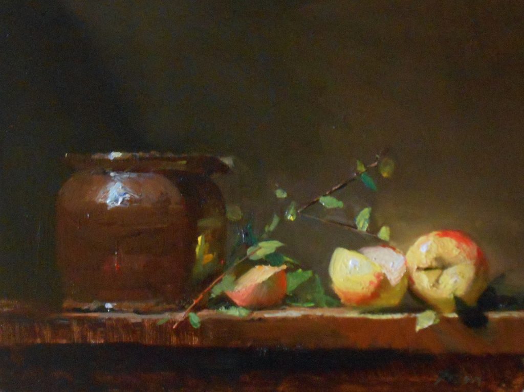 7b. Confusing Eye Levels- Because this painting is completely at eye level there is hardly any depth see on the table. This gives more power to the movement across to the final lit apple