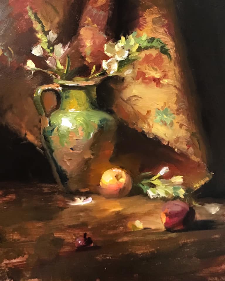 8d.There are a lot of elements in this looking down still life. The primary focal point is the confit jar. The secondary the drape leading our eye to the front peach