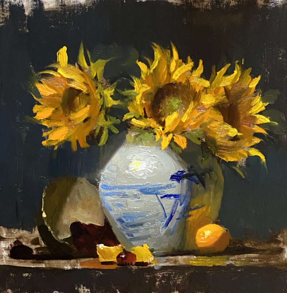 Blues and Sunshine Sunflowers- 10x10- oil on linen