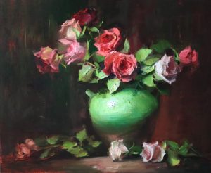 Kelli Folsom Coral and Green Rose Rhapsody-20x24-oilonlinen-5500-scaled