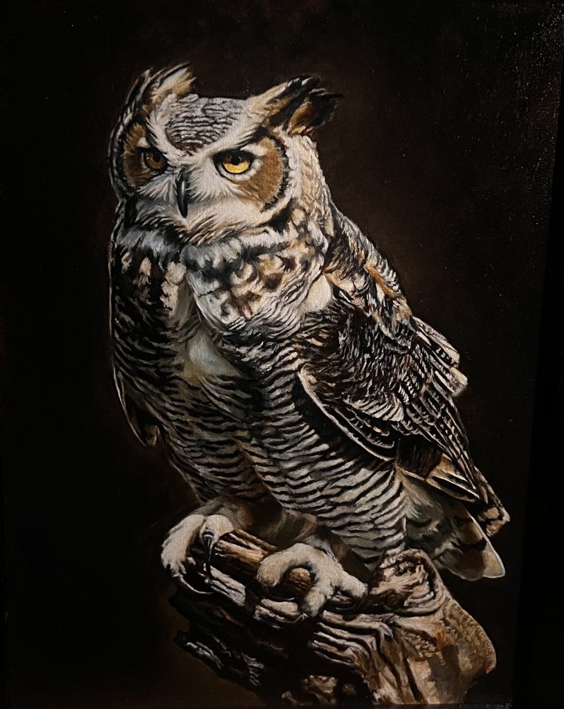 Javier Eastman, Owl, Oil on Canvas, 18x14 inches, $1600