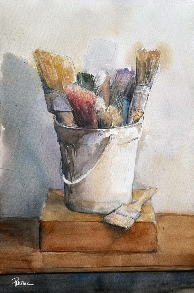 Steven Plaziak, Bucket of Brushes, Watercolor, 18x24 inches, $1100