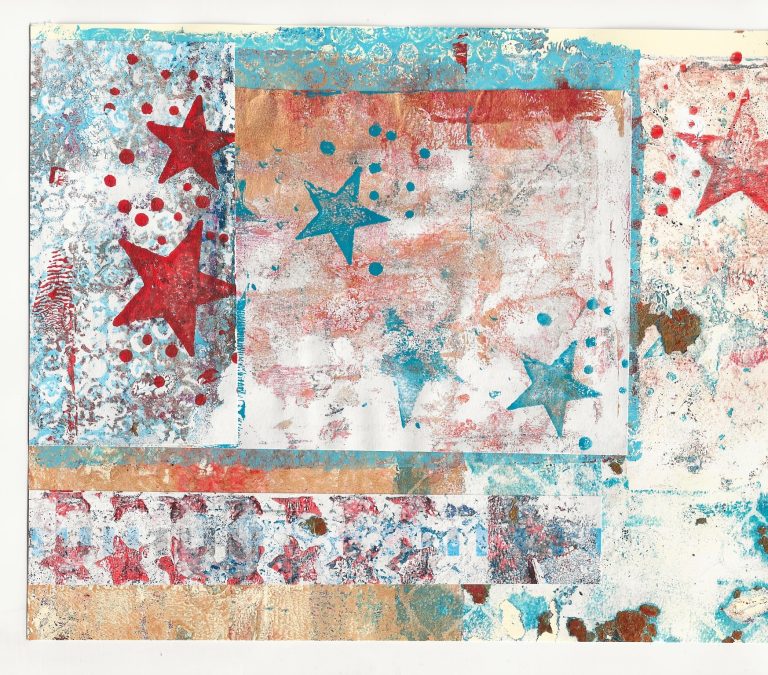 Suzanne Lewis, Stars and Stripes Forever, Gel Plate Print Collage, 6x9 inches, $135