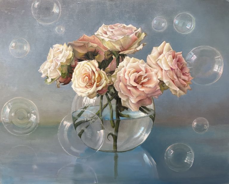 Marjorie Van de Stouwe, Dusty Roses and Bubbles, Oil on Linen, 15x18 inches, $2800