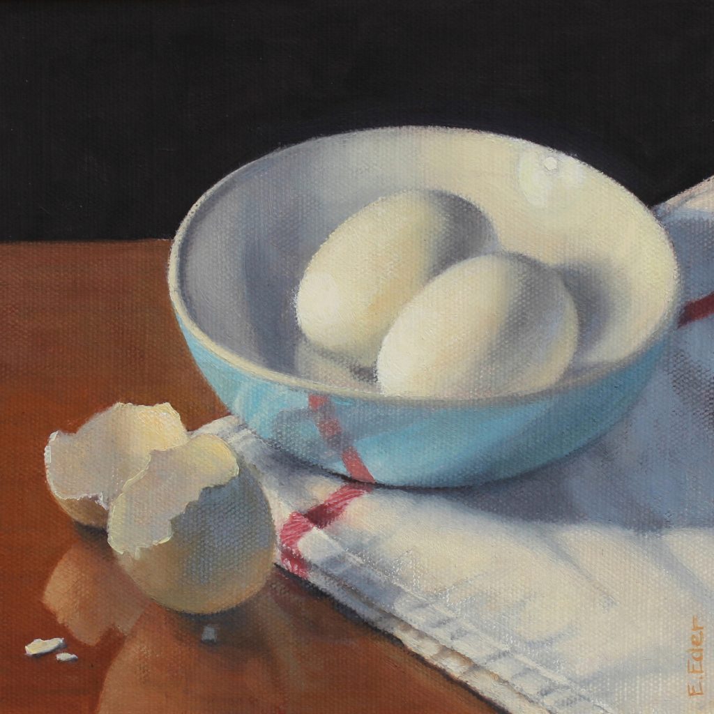 Eileen Eder, "Blue Bowl with Eggs", oil, 8 x 8"