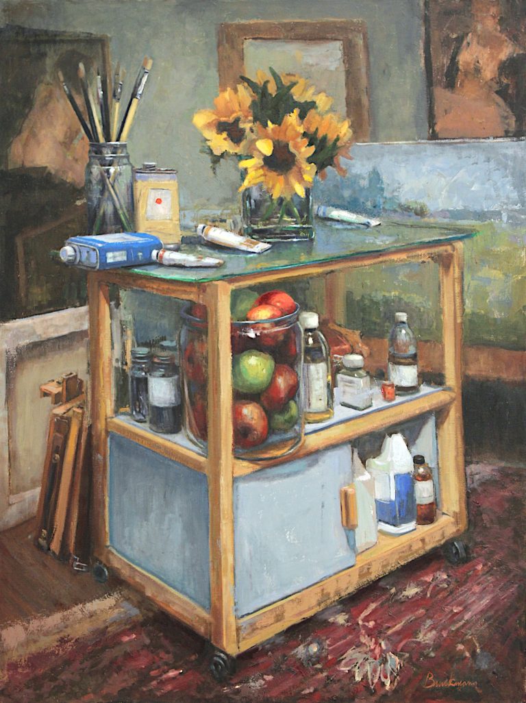 Frank Bruckmann, Sunflowers on a Tabouret, oil