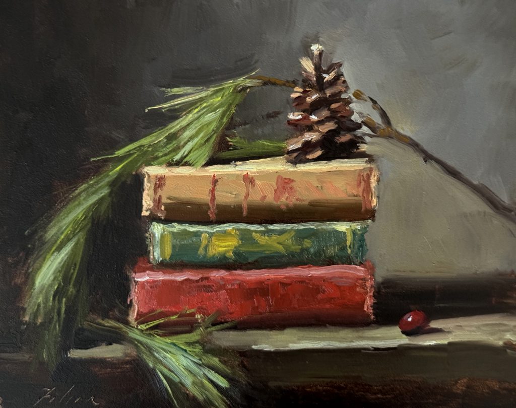 Kelli Folsom Holiday Books and Pinecone